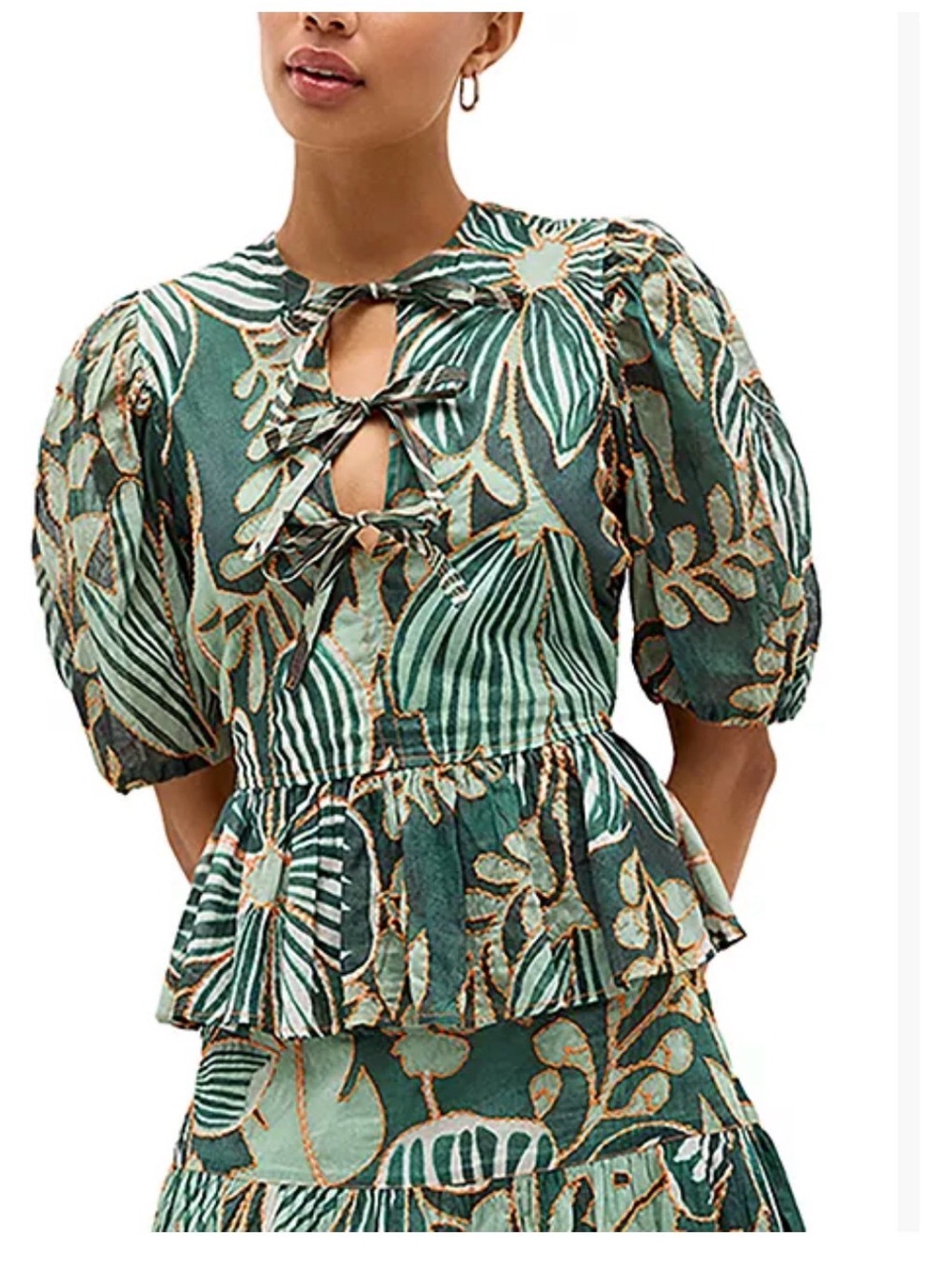 Marie Oliver Estelle Green Floral Tie-Front Peplum Top New With Tags
